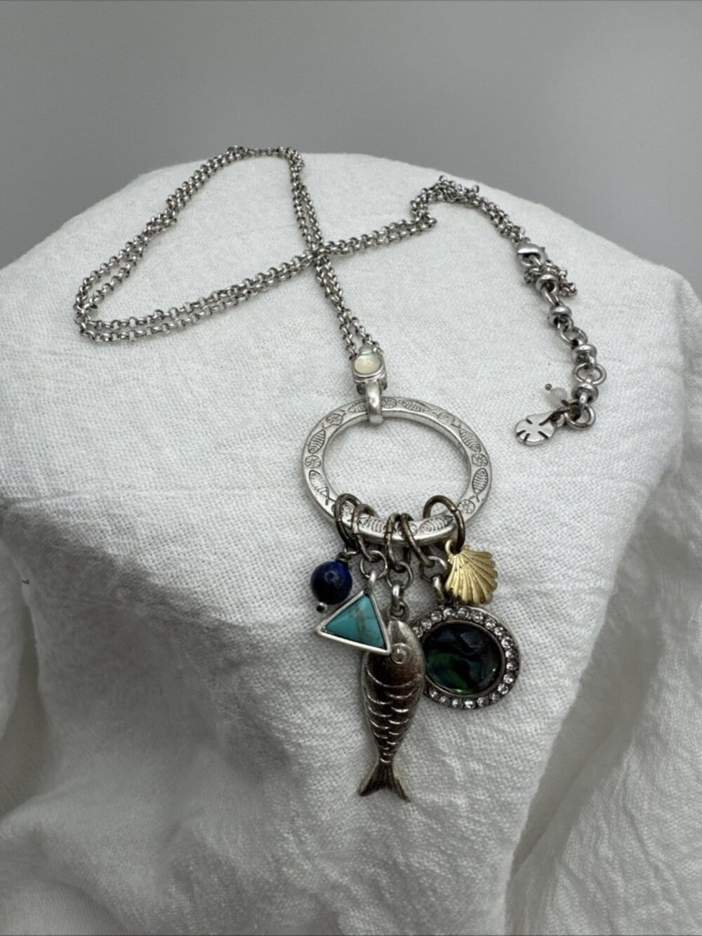 Lucky Brand Silver Tone Charm Necklace Fish Shell Abalone Boho Look Pendant - Picture 5 of 14